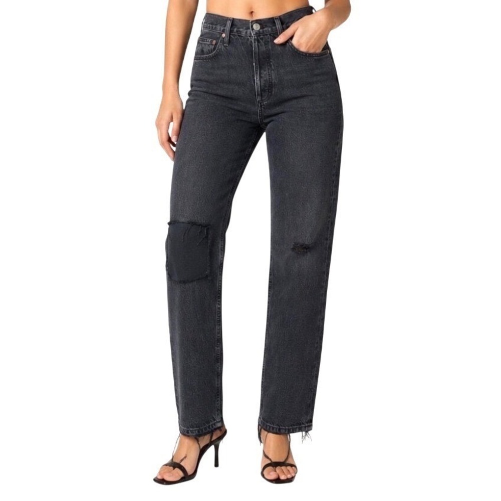 Agolde Women Black Riley High Rise Straight Crop 29 Distressed Button Fly Jeans